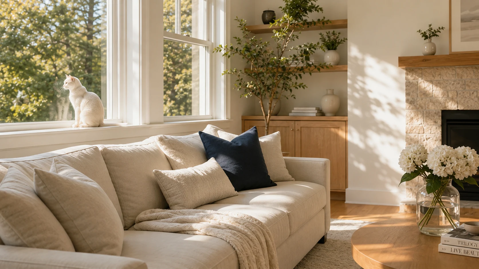 Calm sunlit living room with a white cat on the windowsill