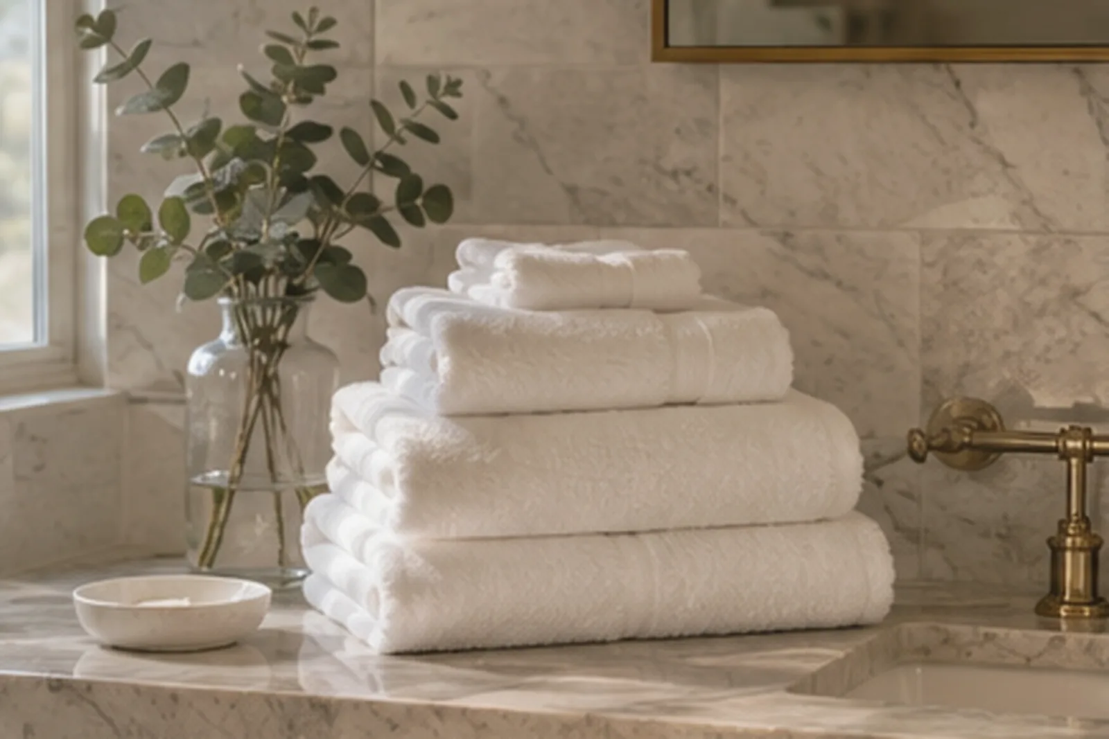 Folded white towels on a marble bathroom counter
