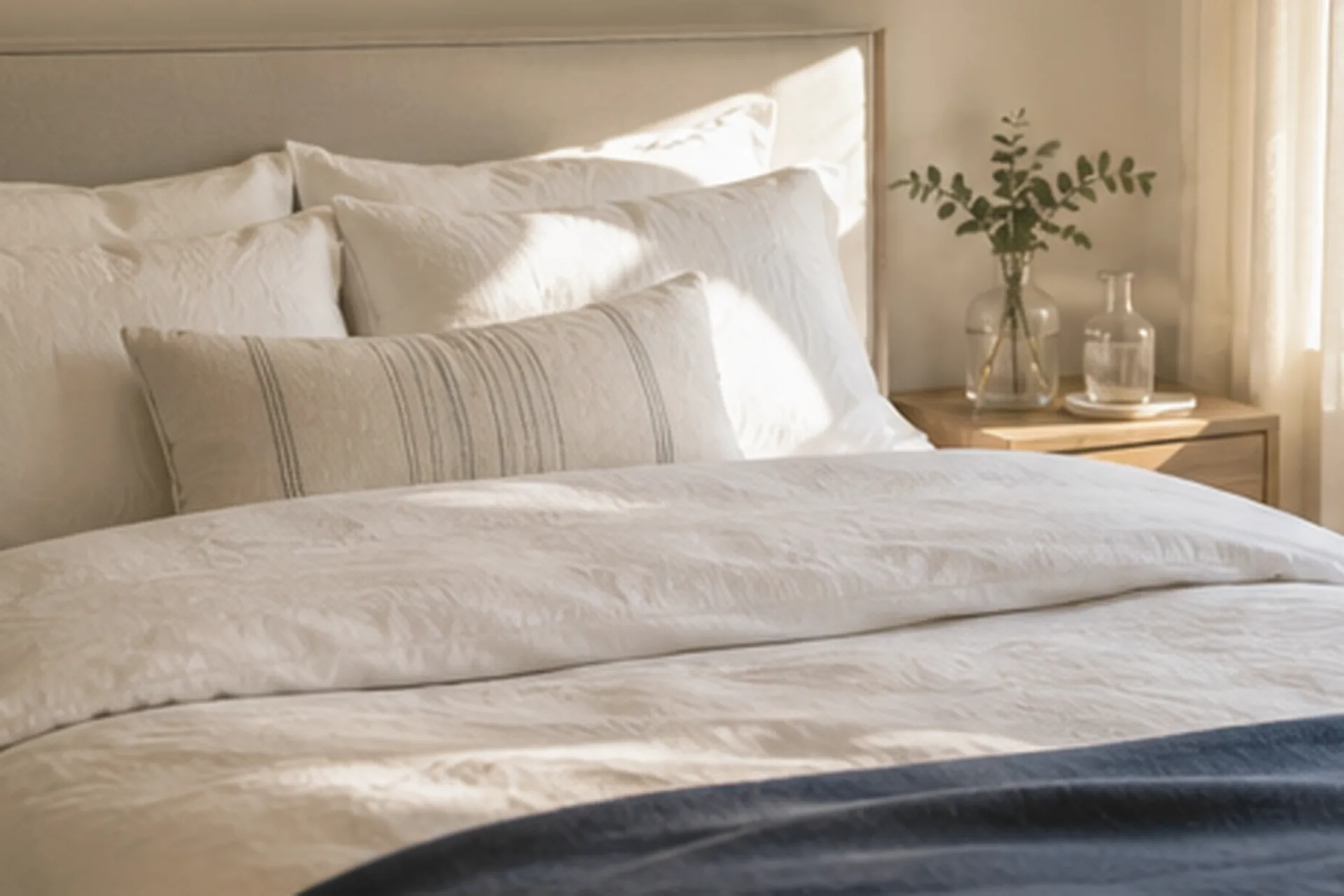 Freshly made bed with white linen and a navy throw