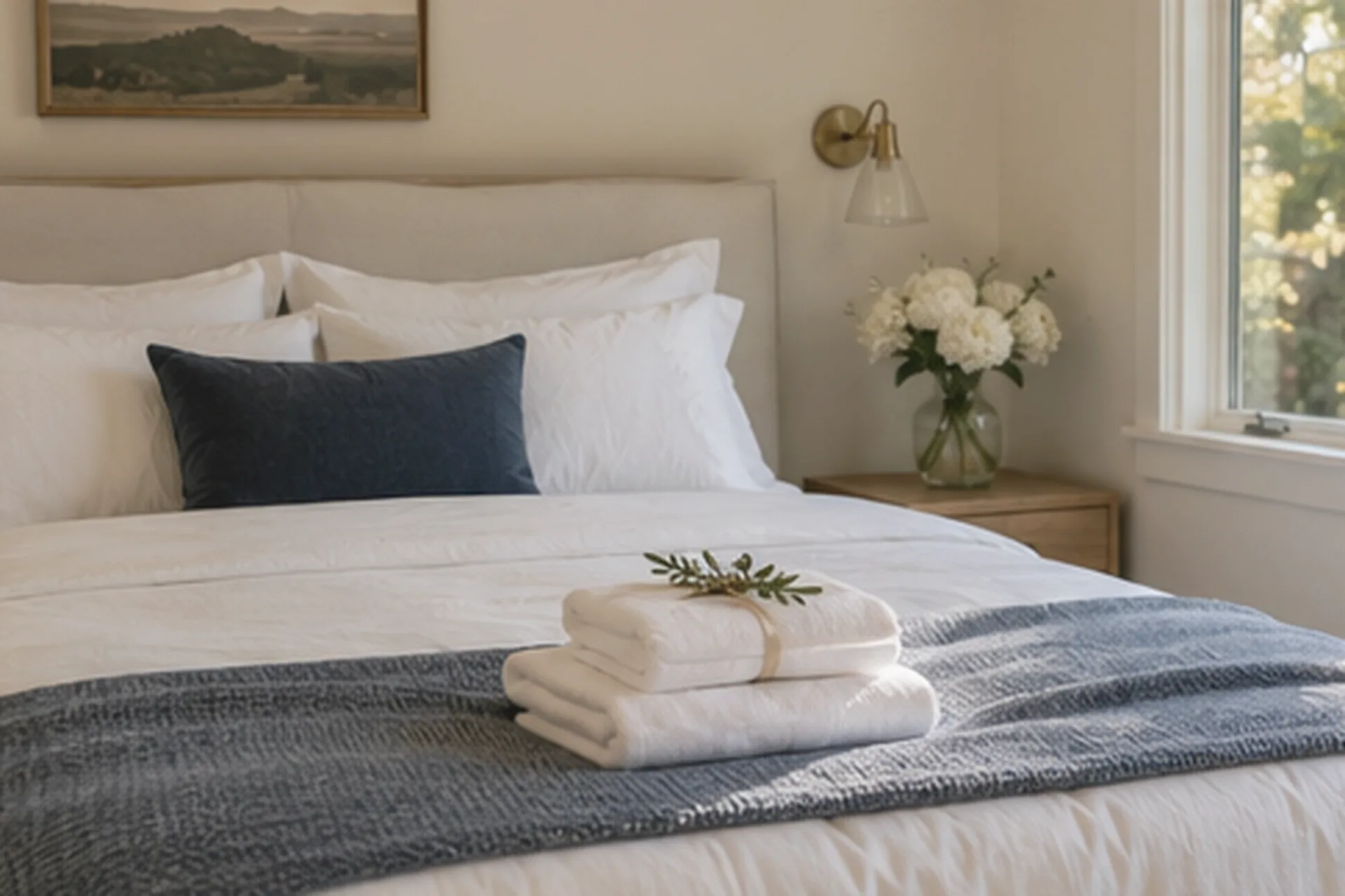 Guest bed prepared with fresh towels and flowers