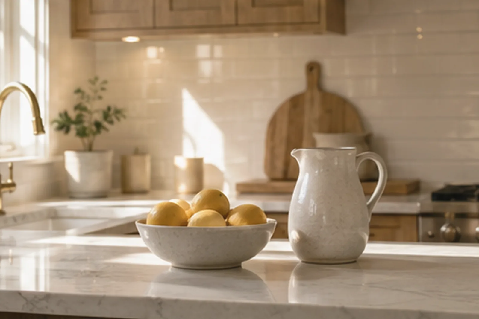 Clean kitchen counter with lemons and a ceramic pitcher at golden hour